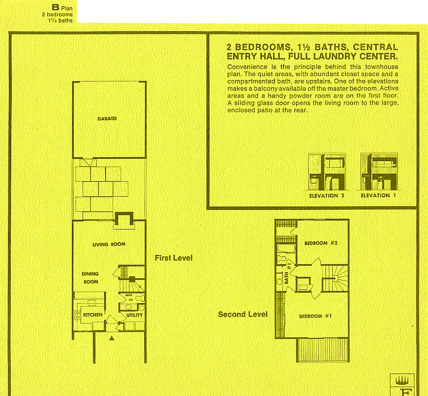 The model B is a two level plan with a central entry hall, and a full laundry. Convenience is the principle behind this townhouse plan. The quiet areas, with abundant closet space and a compartmented bath, are upstairs. One of the elevations makes a balcony available off the master bedroom. Active areas and a handy powder room are on the first floor. A sliding glass door opens the living room to the large enclosed patio at the rear.