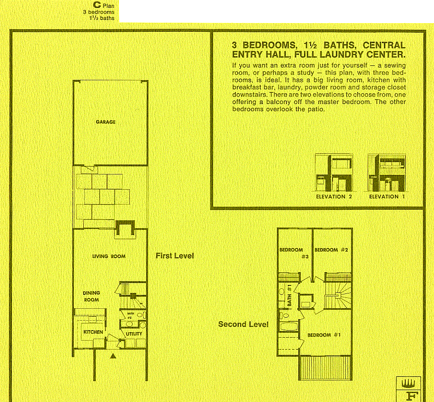 The model C is a two level plan with a central entry hall, and a full laundry. 
  If you want an extra room just for yourself - a sewing room, or perhaps a study - this plan, with three bedrooms, is ideal. It has a big living room, kitchen with breakfast bar, laundry, powder room and storage closet downstairs. There are two elevations to choose from, one offering a balcony off the master bedroom. The other bedrooms overlook the patio.