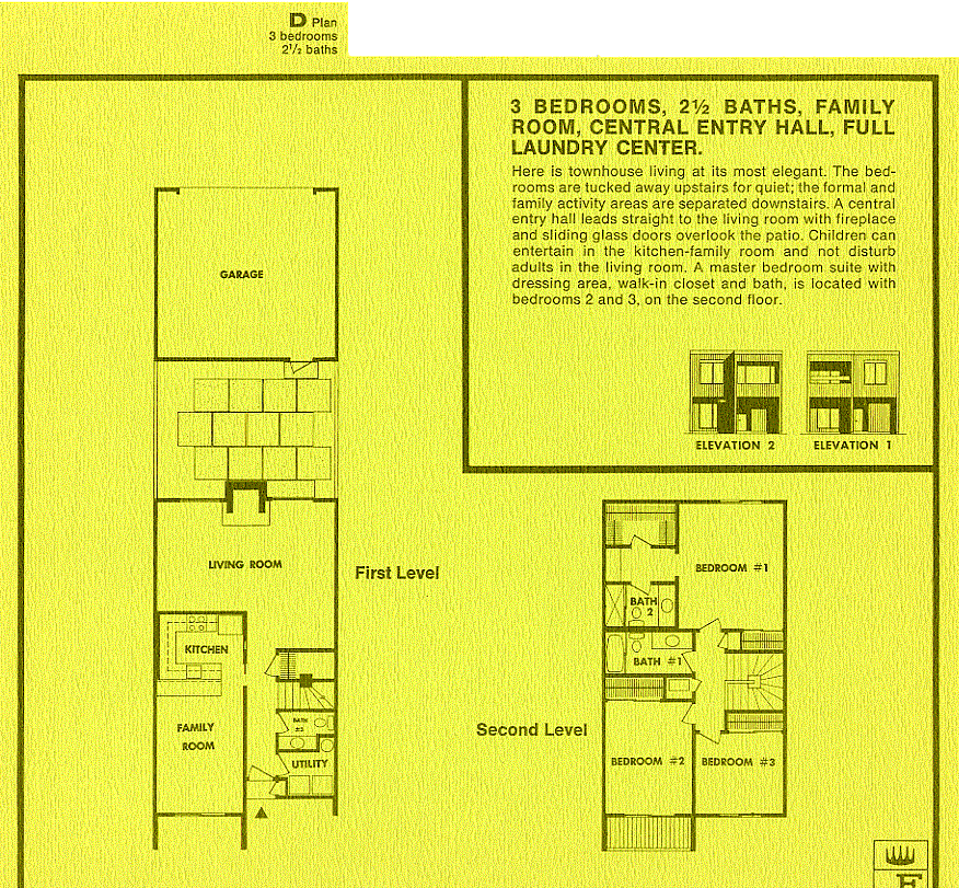 This two level plan has a central entry hall, family room and a full laundry. 
  Here is townhouse living at its most elegant. The bedrooms are tucked away upstairs for quiet; the formal and family activity areas are separated downstairs.