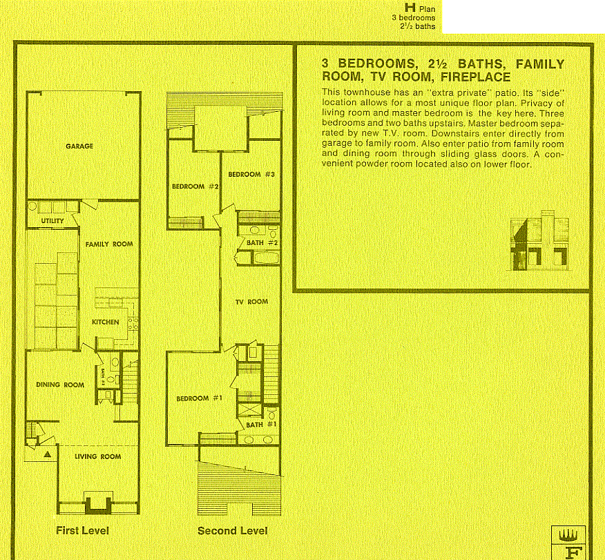 This two level plan has a family room, TV room, and a fireplace. This townhouse has an extra private patio. Its side location allows for a most unique floor plan. Privacy of living room and master bedroom is the key here. Three bedrooms and two baths upstairs.