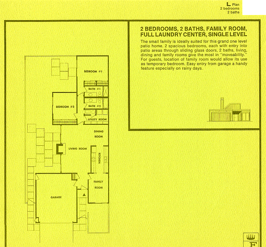 A single level patio home with 2 bedrooms and 2 bathrooms and a Family Room. The small family is ideally suited for this grand one level patio home. 2 spacious bedrooms, each with entry into patio areas through sliding glass doors.